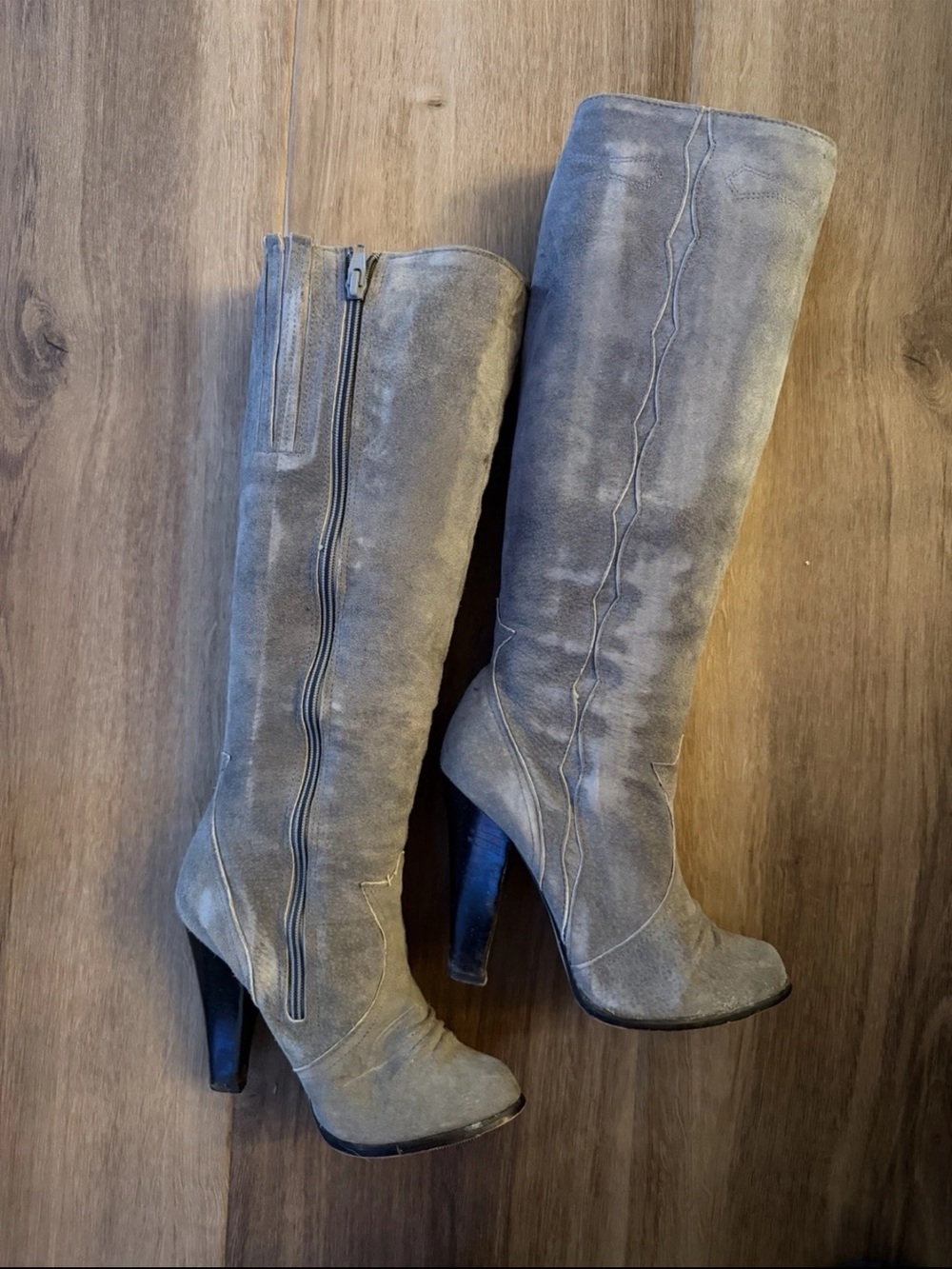 Vintage Gray Suede Knee-High Heeled Boots - Women's Boots